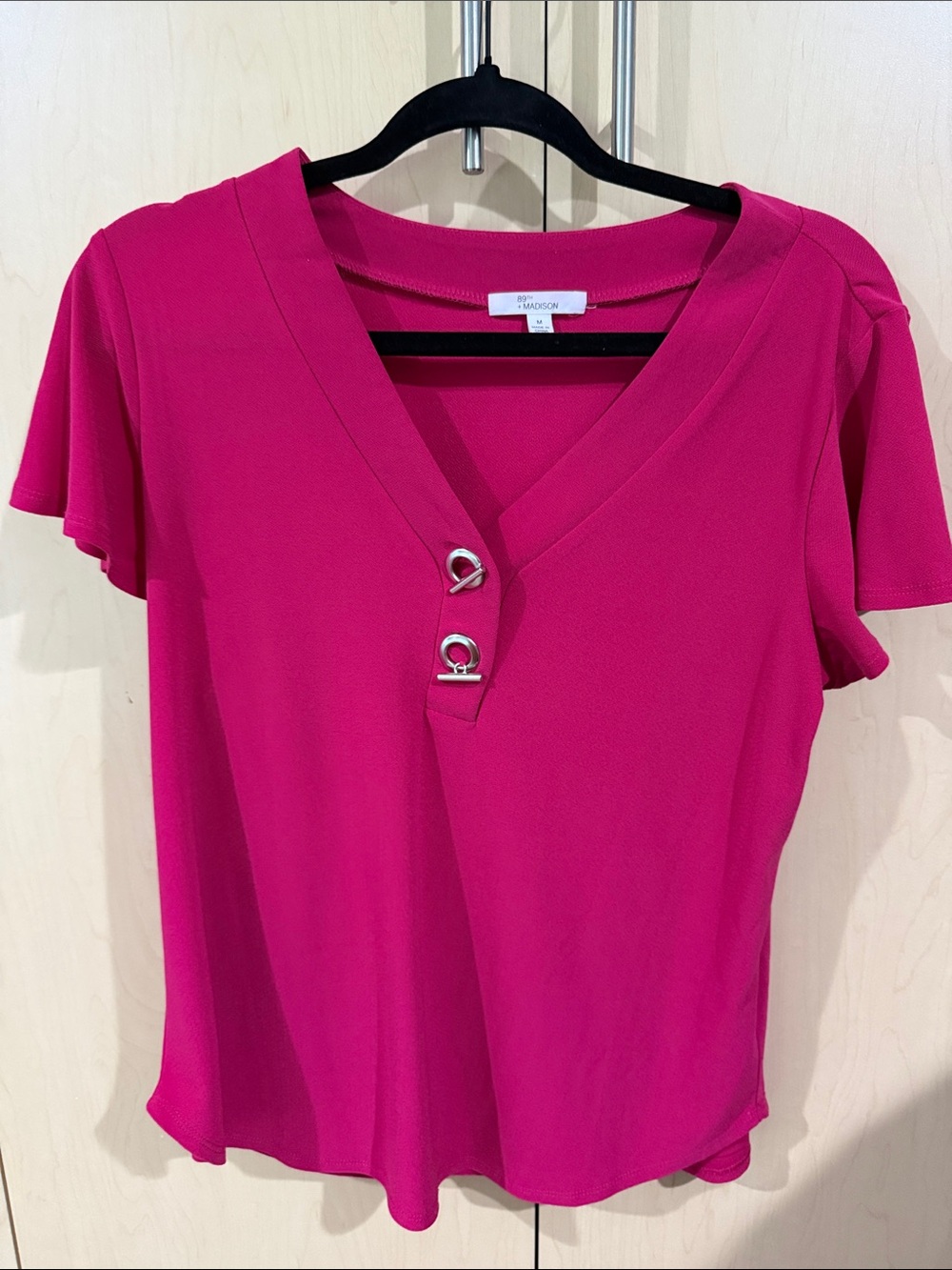 Madison Hot Pink V-Neck Short Sleeve Top with Silver Ring Accents